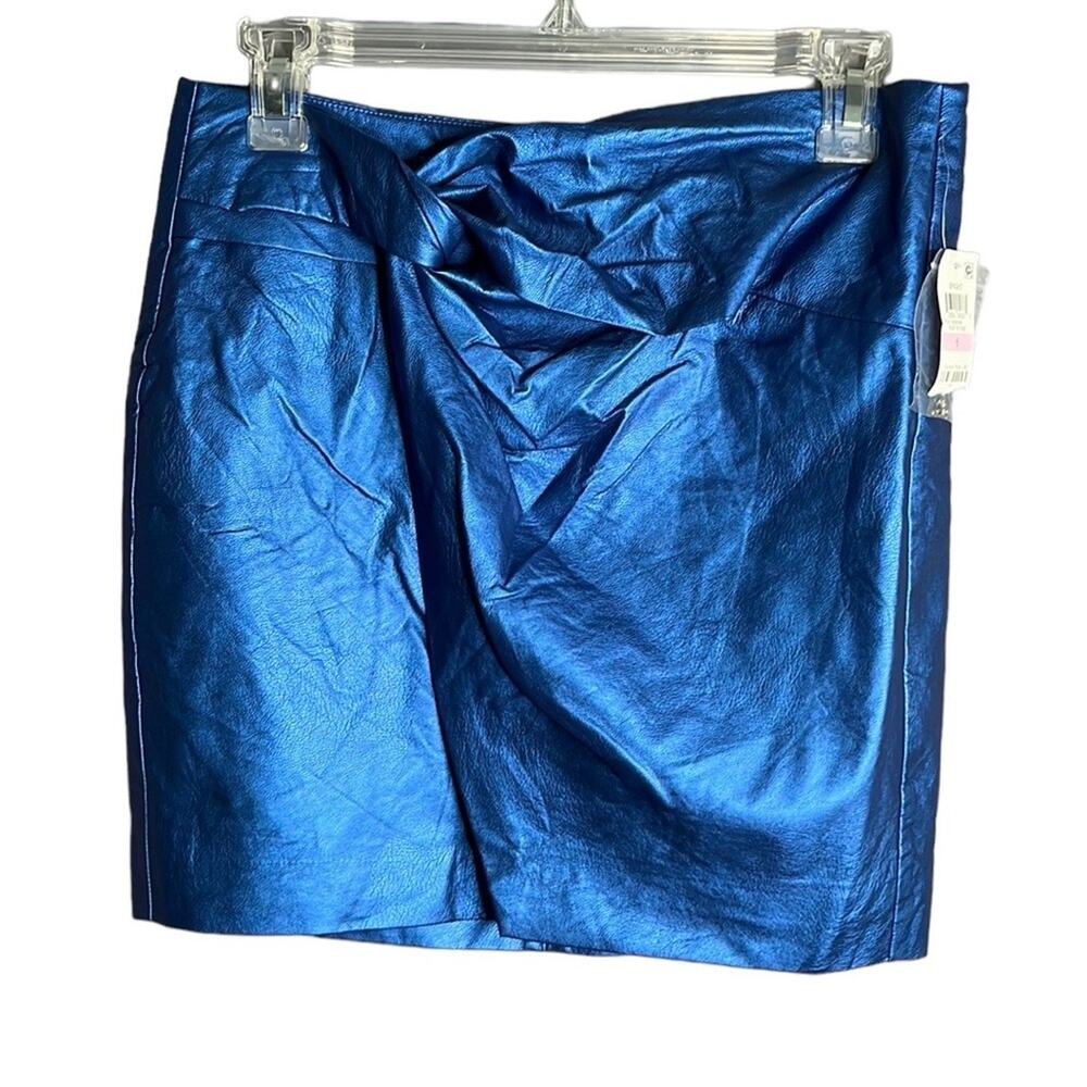 Bar III Metallic Blue Faux Leather Wrap Mini Skirt 6